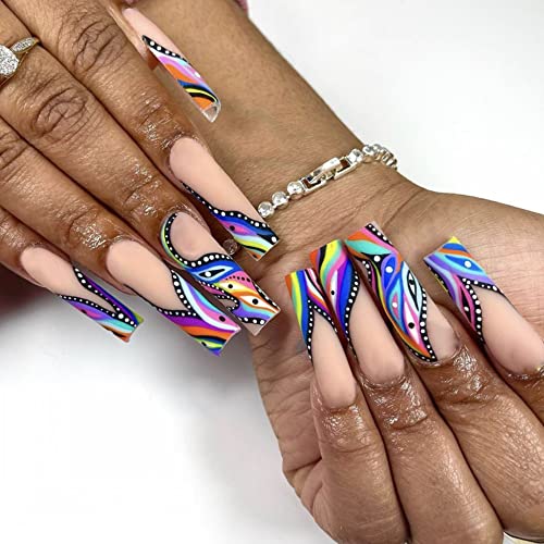 24Pcs Press on Nails Long Coffin Fake Nails Acrylic Press on Nails False Nails with Colorful Swirl Designs Stick on Nails Artificial Nails for Women