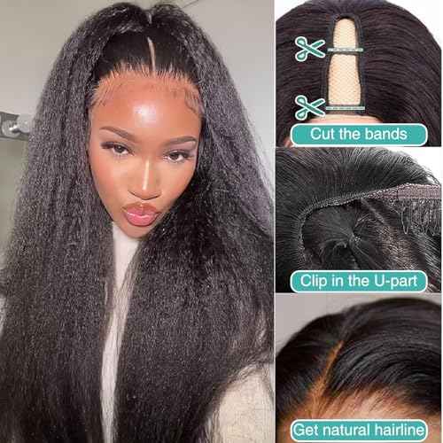Ainmeys Kinky Straight U Part Wigs 200% Brazilian Yaki Straight Upgrade U Shape Human hair Wigs With Drawstring for Women No leave out wear and go Glueless Clip In Half Wigs (26IN)