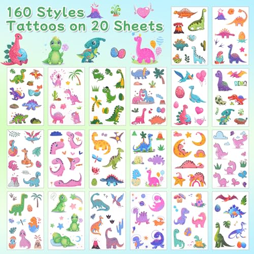 Dinosaur Glitter Temporary Tattoos for Kids - 160 Styles - Dino Party Favors, Birthday Party Supplies, T-rex Decorations