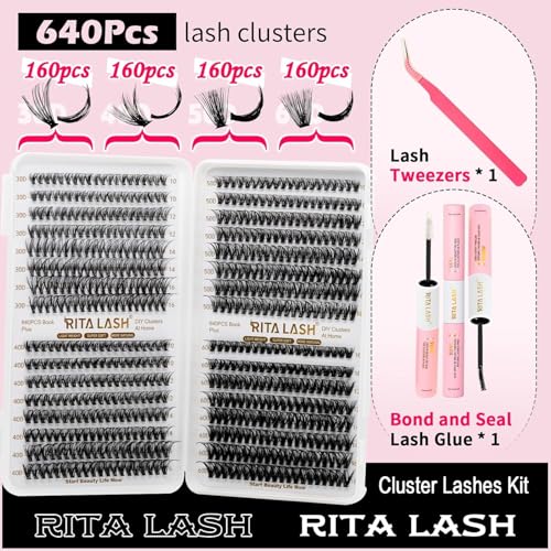 Lash Extension Kit 30D+40D+50D+60D DIY Lash Clusters 640pcs Cluster Lashes Individual Lashes Eyelash Extension Kit with Lash Bond and Seal,Lash Tweezers(30D+40D+50D+60D Kit,10-16mm)