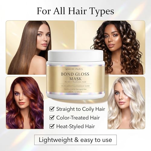 Bond Gloss Hair Mask with Hydrolyzed Keratin & Hyaluronic Acid - Moisturizing Treatment for Dry, Dull, Damaged Hair