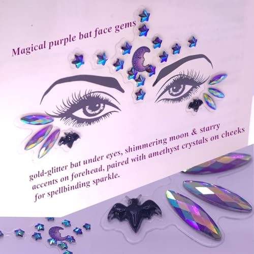 Face Gems Jewels Rhinestones for Women Makeup Festival, Self Adhesive Body Eye Rhinestones, Halloween Witch Costume Rave Party Temporary Tattoo Stickers (Purple)