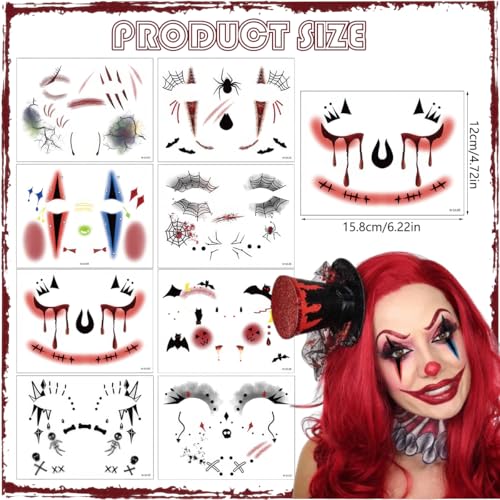 Halloween Face Eye Tattoo Stickers Scary Spider Clown Demon Ghost Vampire Spider Web Eye Shadow Temporary Stickers Fake Eyeliner Tattoos for Women Halloween Masquerade Carnival Party 8Pcs