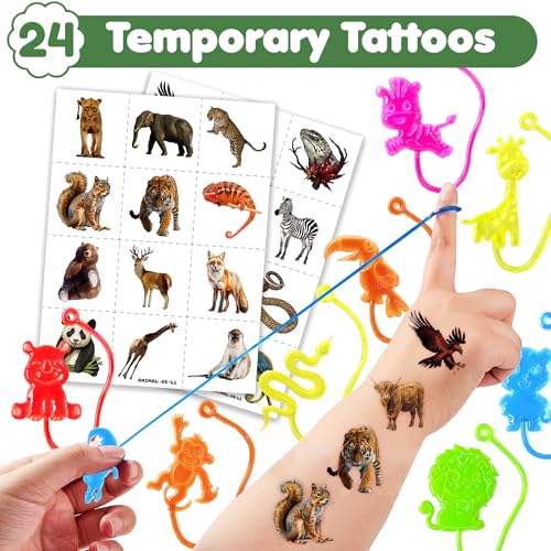 48PCS Animal Jungle Party Favors - 24PCS Temporary Tattoos & 24PCS Stick Hands Party - Perfect Birthday Party Supplies, Goodie Bag Stuffers, Treasure Box Toys, Classroom Prizes, and Student Gifts