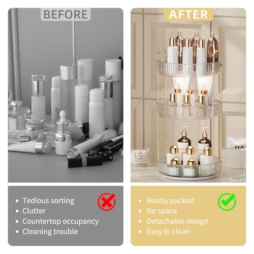 360¡Æ Rotating Makeup Organizer for Vanity - 3 Tier Perfume Organizer with Large Capacity - Skincare Organizer for Bathroom Counter - Space-Saving Cosmetic Storage for Dresser Countertop (Clear)