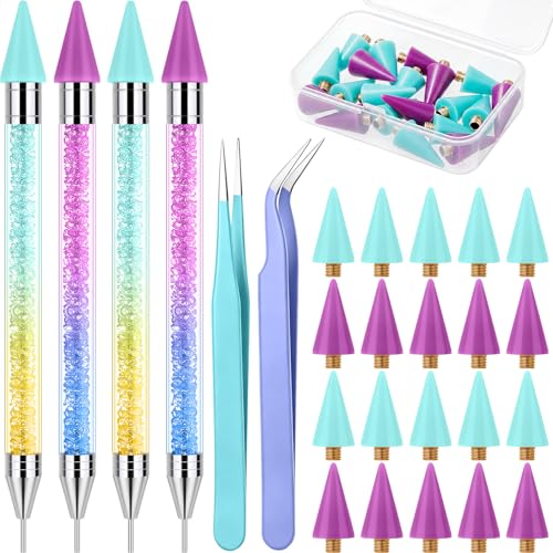 Tatuo Rhinestone Picker Tool Set - 4 Dual-Ended Nail Art Pens, 20 Wax Tips & 2 Tweezers