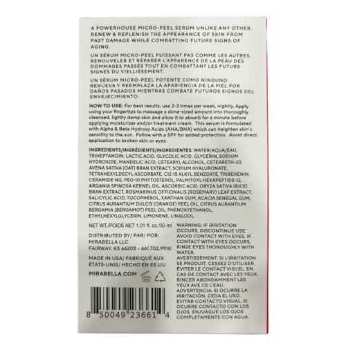 Mirabella All In One Clarifying Serum Micro Peel for Anti Aging - Hydrating 7% Glycolic Acid & 8.8% Lactic Acid Serum Face Peel with AHA BHA Exfoliant, 1 Oz