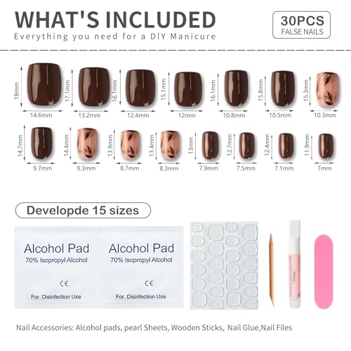 Dark Brown Press On Nails Kit with Gold Leaf Accents - 30 Pcs