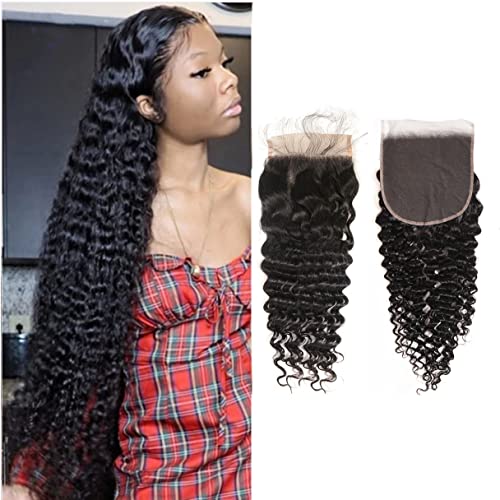Brazilian Deep Wave 5x5 Lace Closure 100% Unprocessed Human Virgin Hair Deep Curly Free Part Closure Pre-Plucked Hairline Loose Deep Closure Natural Black Baby Hair (18inch, 5x5 deep wave closure)