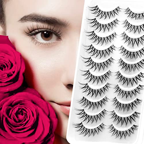 False Lashes 3D Cat-Eye Volume Eyelashes Clear Band Lashes Natural Look Faux Mink Invisible Strip Wispy Fake Lashes 10 Pairs