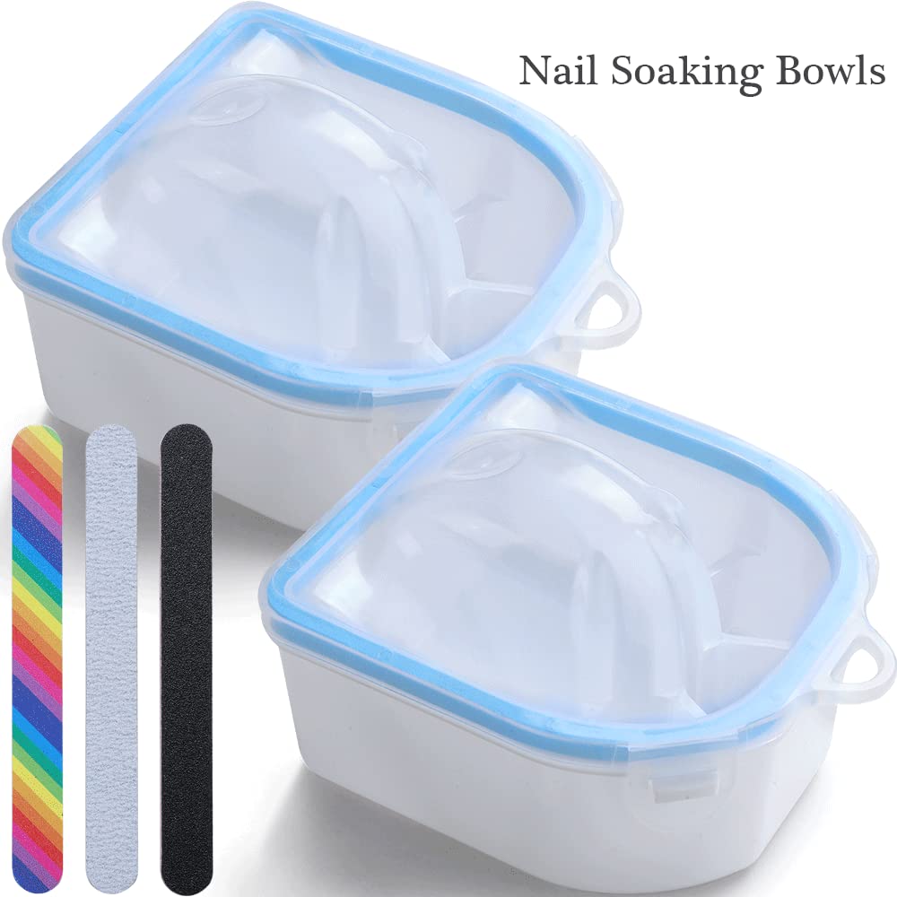 Nail Soaking Bowl, Borogo 2PCS Soak Off Gel Polish Dip Powder Remover Manicure Bowl for Acrylic Nails, Nail Brush, Cuticle Pusher, Cuticle Peeler, 100/180 Nail File, Buffer