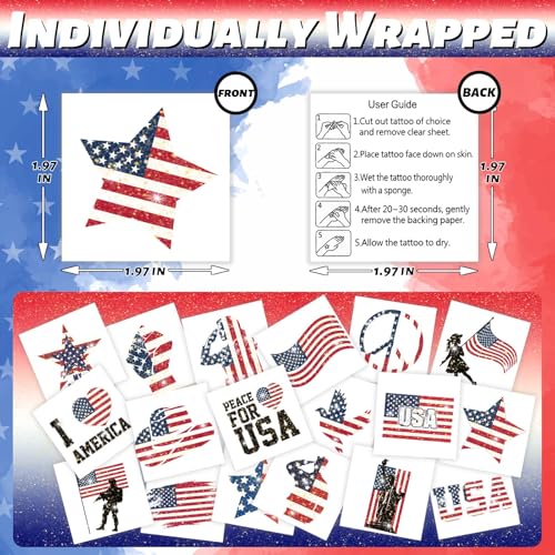 120 Pcs Patriotic Temporary Tattoos - 60 Designs, Waterproof