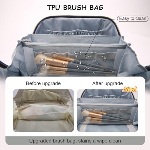 BOYATU Travel Makeup Bags Cosmetic Organizer Bag: 3-Set Large Capacity Make up Bag - PU Leather Toiletry Bag for Women - Wide Open Portable Pouch with Divider & Handle