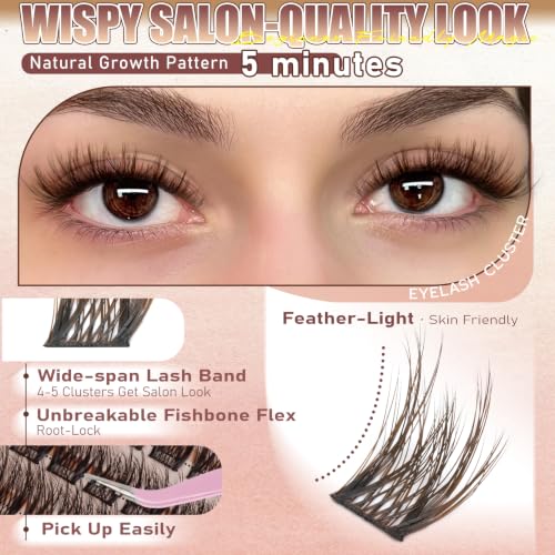 FLOMAZE Brown Wispy Lash Clusters - Natural Dark Brown Eyelash Extensions, DIY Spiky Clusters for Fluffy Volume, 144Pcs, 8-16MM - Unique Duo Spikes Design