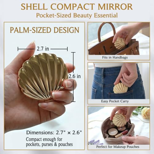 Gold Seashell Compact Mirror - Metal Pocket Handheld Makeup Mirror