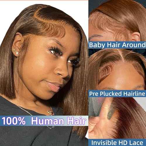 Brown Bob Wig Human Hair 13x6 Hd Lace Front Human Hair Wigs For Black Women Glueless Lace Front Wigs Pre Plucked 180% Density Short Straight Bob Wig 12 Inch