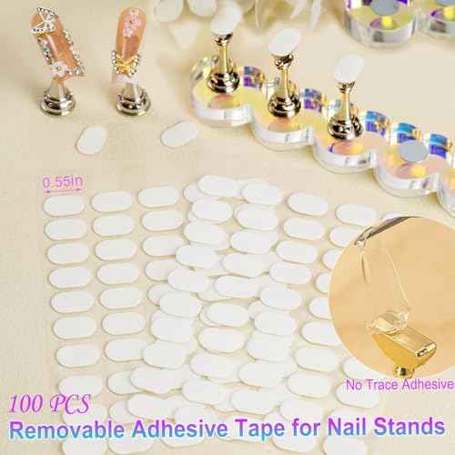 2 Set Nail Stands, Thickened Metal Nail Stand for Press Ons, Aurora Heart Nail Polish Holder for Painting, Fake Nail Display Stand Nail Practice Magnetic Nail Art Tools w/ 100Pcs Reusable Glue Tabs