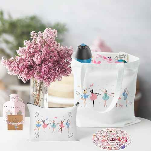 Y1tvei Cute Ballerina Canvas Bags Kit- Ballet Dancing Girl Recital Gifts with Tote bag Makeup Pouch Stickers Bracelet Card