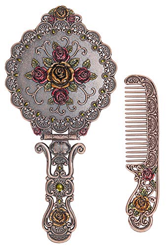 Vintage Hand Mirror & Comb Set - Antique Embossed Rose Design