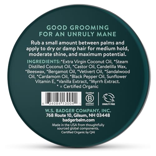 Badger Hair Pomade for Men, Organic, Easy to Use, Subtle Masculine Scent, Medium Hold Hair Pomade with Medium Shine Finish, Nourishes Hair & Scalp 2 oz Tin, 2-Pack