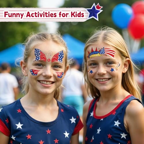 Patriotic Temporary Tattoos for Kids, 12 Sheets 4th of July Face Stickers