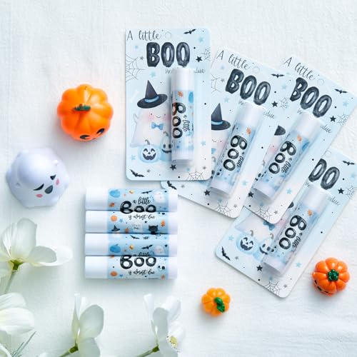 24 Pcs Halloween Baby Shower Favors a Little Boo Is Almost Due Baby Shower Gifts Girl Boy 0.15oz Lip Balms Bulk for Prizes Gender Reveal Souvenirs Gift Bags Stuffers Supplies (Blue)
