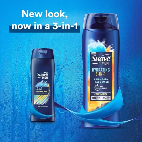 Suave Men Moisturizing Body, Face and Hair Wash, 3-in-1 For Hydrated Skin and Hair, Citrus & Musk scent, No Parabens, No Phtahaltes, 18 Oz, (Pack of 12)