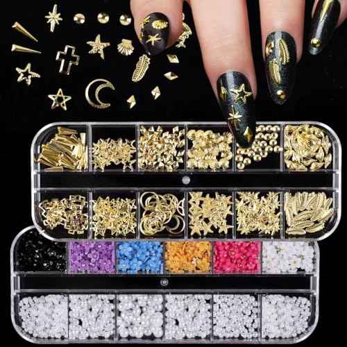 Nail Charms Art Kit with 30 Sheets Gold Nail Stickers and 6 Boxes of Nails Gems with Manicure Art Tools for 3D Nails Supplies DIY Charms and Rhinestones