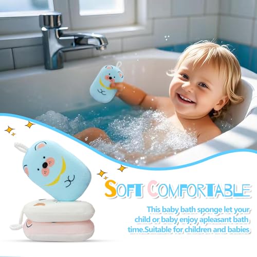 Kids Bath Loofah Sponge 3-Pack with Pink, Blue, White - Soft Exfoliating Body Scrubber for Babies & Toddlers