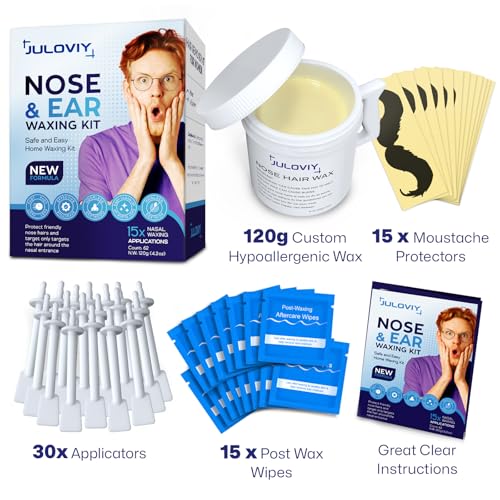 Nose Wax Kit, 120 g Wax, 30 Applicators,Nostril and Ears Hair Removal Kit for Men & Women,Includes 15 Balm Wipes and Mustache Guards etc. Lasts up to 6 Weeks