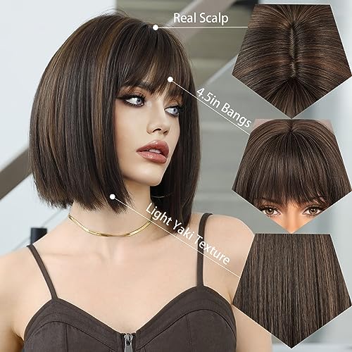 12-Inch Short Blonde Brown Bob Wig with Bangs - Heat Resistant