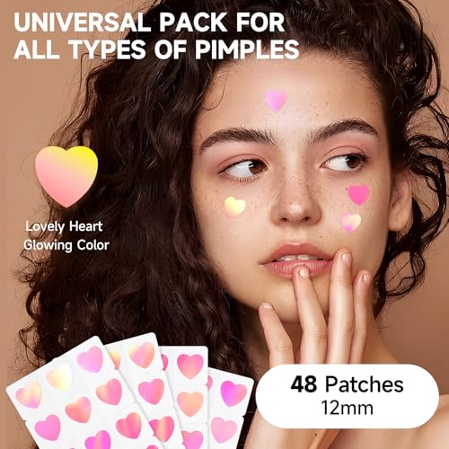 Cute Pink Heart Pimple Patch with Salicylic Acid, Hydrocolloid Pimple Stickers Iridescent Colors 48 Pcs, Fashion Zits Blemishes Breakouts Patches