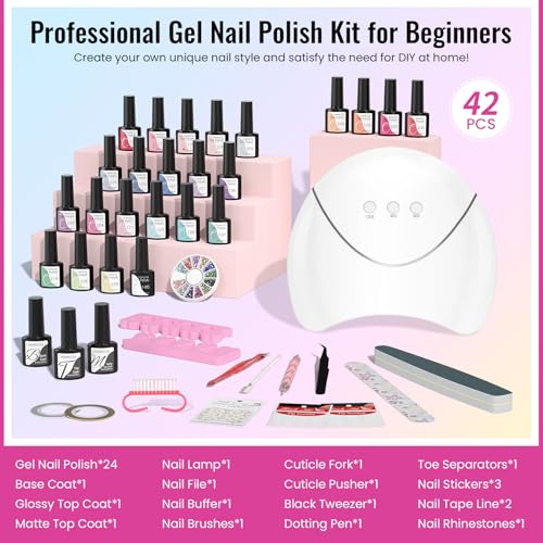 VANREESA 42 Pcs Gel Nail Polish Kit with U V Light 24 Colors Gel Nail Polish Set Green Blue Purple Pink Orange Complete Gel Nail Kit with Manicure Tools Gifts for Women DIY at Home