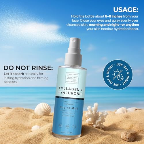 Clear Beauty Hyaluronic Acid & Collagen Face Mist - Dermatologist Tested, Moisturizes & Tones Skin, Anti-Aging, Natural Ingredients, Cruelty-Free Korean Skin Care - All Skin Types - 4 OZ (2 Pack)
