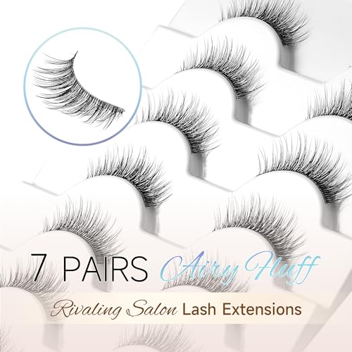 GAQQI Natural Wispy False Eyelashes C-907 - Thin Clear Band, Reusable 7 Pairs