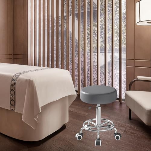 Rolling Stool, Heavy Weight Capacity 250lb, PU Leather Rolling stools, Ultra Soft Padded Seat, Rolling Stools with Wheels and Footrest, 360¡Æ Swivel, Spa Drawing Salon Work Office Tattoo Stool (Grey)