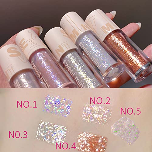 5pcs Liquid Glitter Eyeshadow set- Sparkling Metallic High Pigmented Glitter Eye Shadow Korean Crystals Makeup, Quick Drying Long Lasting Creates High-Impact Multi Dimensional Eye Looks