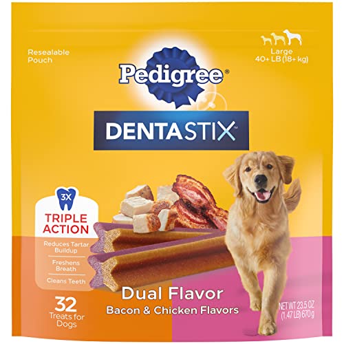 PEDIGREE DENTASTIX Dual Flavor Large Dog Dental Treats, Bacon & Chicken Flavors Dental Bones, 1.47 lb. Pack (32 Treats)