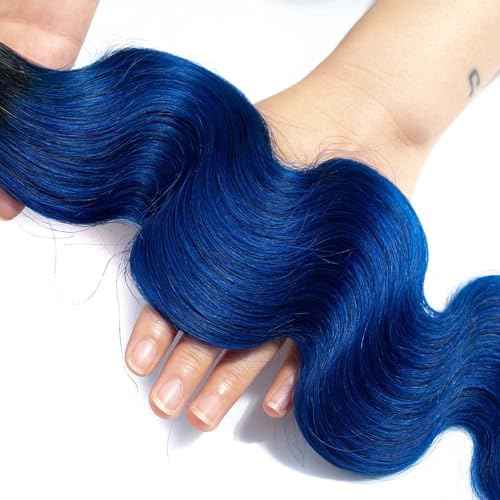 Human Hair Bundles T1B/Blue Color Body Wave Bundles Unprocessed Brazilian Virgin Human Hair 10 12 14 Inch 3 Bundles Quick Weave Human Hair Extensions (T1B/Blue Body Wave, 10 12 14)