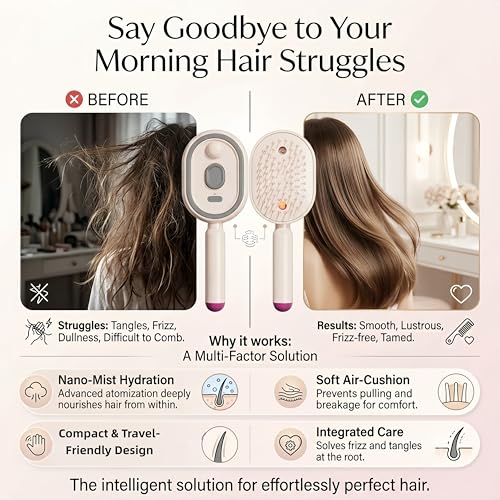 Electric Spray Hair Brush Comb with Mist & Red Light for Frizz Control