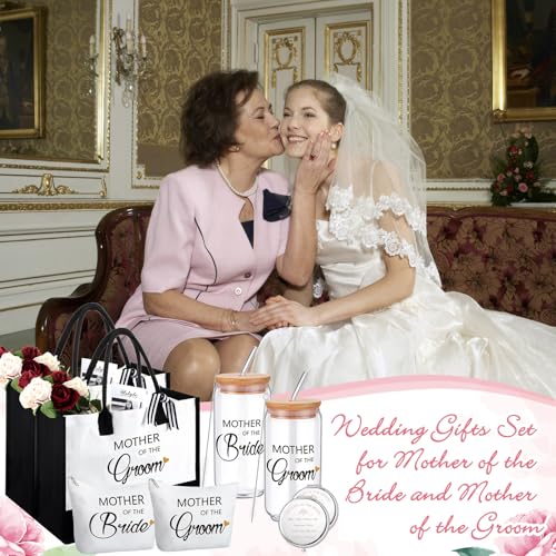 Paterr 8 Pcs Mother of the Bride and Mother of the Groom Gifts Set Canvas Tote Bag Drinking Glass Cups Makeup Bags Mirror