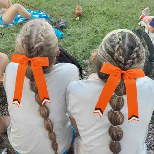 DEEKA 12PCS Collegiate Style Cheer Bows with Glitter Chevrons Tail Skinny College Cheerleader Ponytail Holder for Volleyball Softball Girls (Orange/Black/White)