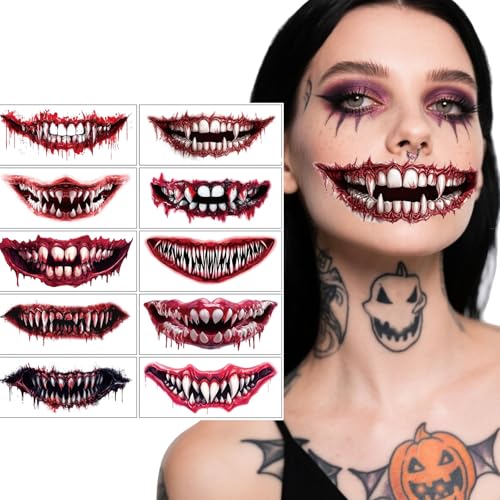 Halloween Red Mouth Temporary Tattoos, 10-Piece Clown Face Stickers