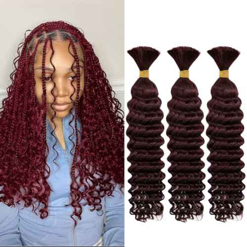 Human Braiding Hair for Boho Knotless Braids 3 Bundles 16 Inches 120g Deep Wave Bulk Human Hair for Braiding Hair Wet and Wavy 10A Brazilian Virgin Human Bohemian Hair for Braiding 99J