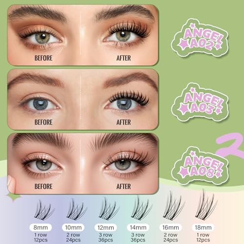 KEYYOU LASH Extension Kit 144Pcs Angel Lash Clusters Kit Thick Eyelash Extension Kit with Glue and Seal,Tweezers,Remover for DIY lash extension kit at Home£¨Kit-Angel A08-D-8-18MIX£©