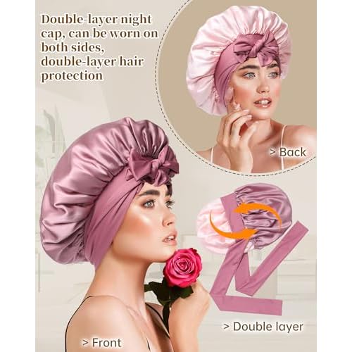 100% Mulberry Silk Bonnet for Sleeping Women Silk Hair Bonnet Elastic Tie Band Hair Wrap with Silk Hair Scrunchies and Silk Sleep Eye Mask(Bean Paste+Pink)