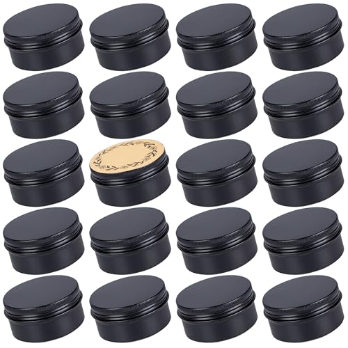 24 Pack 3oz Screw Top Aluminum Tin Jars with Screw Lids and Blank Labels - Refillable 90ml Metal Containers for Lip Balms, Candles, Salves, Spices, Crafts (Black)
