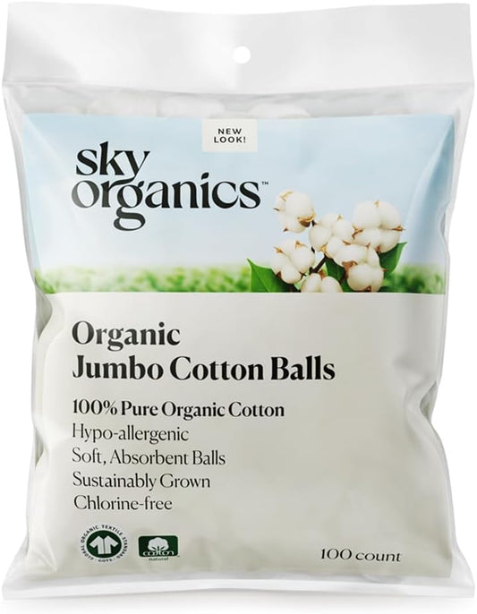 Sky Organics Organic Jumbo Cotton Balls for Sensitive Skin, 100% Pure Organic Cotton Sustainably Grown, Chlorine Free, Hypoallergenic, Ultra-Soft and Absorbant for Beauty & Personal Care, 300 ct.