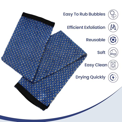 Japanese Exfoliating Loofah Back Scrubber - Shower Bath Towel for Men & Women (2 Pack Blue, 33.4" x 11.8")