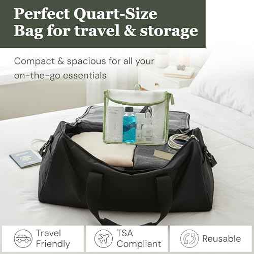 ReZip TSA Approved Travel Toiletry Bag with Hanging Loop, Travel Quart Bag? Reusable Clear Makeup bags with zipper, Clear Pouch for Travel Essentials, Cosmetic | BPA-Free, Machine Washable - Sage
